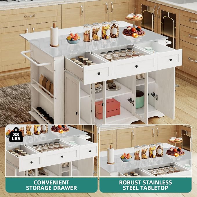 YITAHOME 60 Inch Kitchen Island with Drop Leaf | Mobile Stroage Islands with Stainless Steel Top, Rolling Island Table with Power Outlet, Adjustable Shelves, Spice Rack