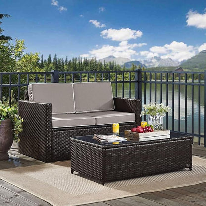 Crosley Furniture Palm Harbor 2-Piece Wicker Outdoor Coffee Table and Loveseat Patio Furniture Set for Porch, Brown with Gray Cushions