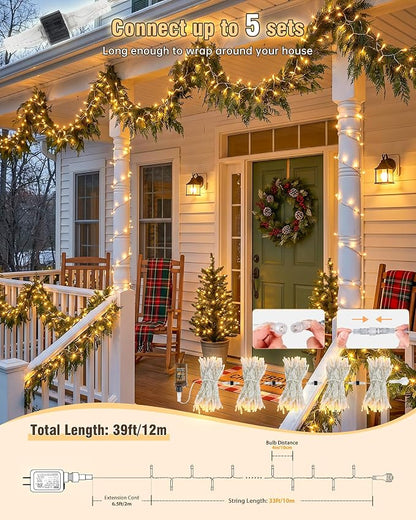 Warm White Christmas String Lights, 33FT 100 LED Fairy Lights Indoor | 8 Modes with Memory, Connectable, IP65 Waterproof, Transparent Wire, Up to 5 Sets, Widely use for Classroom, Bedroom, dorm
