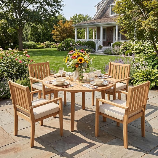 FansaFurn 5 Pieces Acacia Outdoor Patio Table and Chairs Set for All-Weather, Outside Furniture with Table Umbrella Hole and Removable Cushion for 4, Patio Table Set for Patio, Garden, Brown