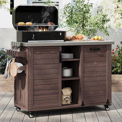 78.3" Outdoor Kitchen Island with Foldable Grill Table, Wooden Outdoor Grill Cart with Trash Can Storage & Stainless Steel Top, Outdoor Bar Cart, Pizza Oven Table for Lawn & Garden (Dark Brown@76)