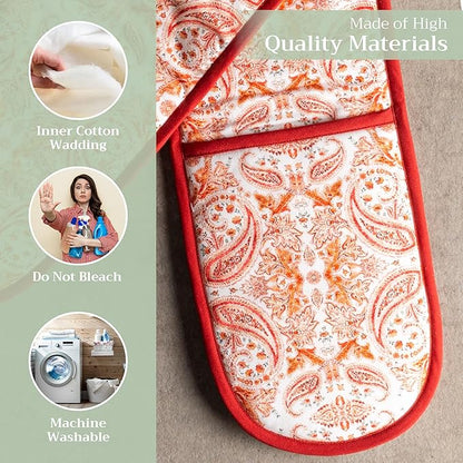 Maison d' Hermine Double Oven Mitt (7" x 35") 100% Cotton Heat Resistant BBQ Cooking Gloves with Loop for Thanksgiving Christmas Decorations Baking Cooking Barbeque Handling Hot Pan (Orient)