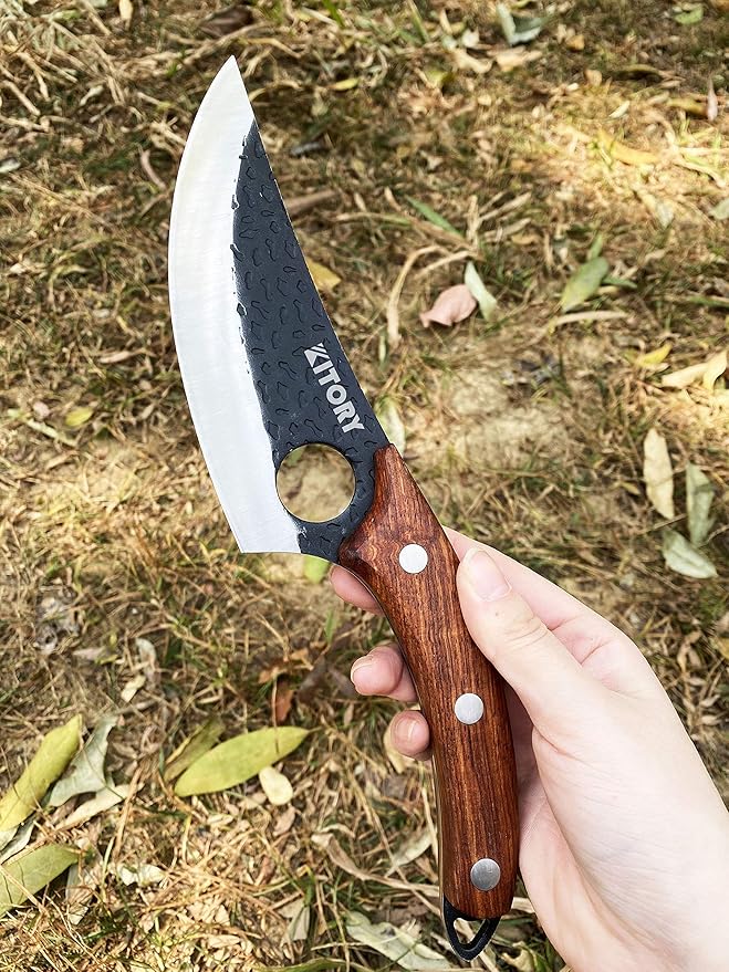Kitory Butcher Knife for Meat Cutting, Hand Forged Viking Boning Knife with Ergonomic Wood Handle, High Carbon Steel Chinese Chef Knife for Camping, Outdoor, BBQ, Birthday Gift for Men