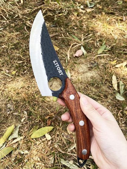 Kitory Butcher Knife for Meat Cutting, Hand Forged Viking Boning Knife with Ergonomic Wood Handle, High Carbon Steel Chinese Chef Knife for Camping, Outdoor, BBQ, Birthday Gift for Men