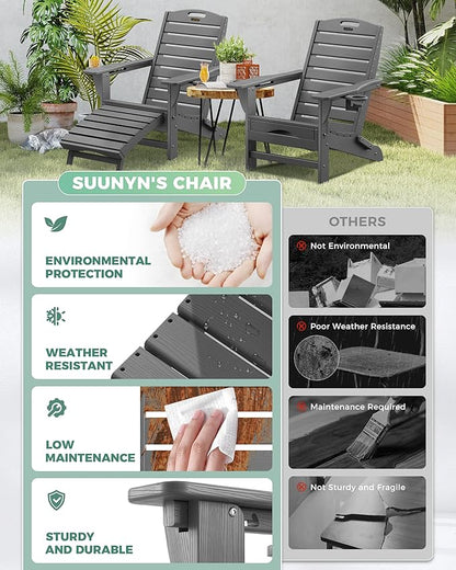 Adjustable Adirondack Chairs Set of 4 with Retractable Ottoman, HDPE Folding Adirondack Chair with Cup Holders, Weather Resistant for Backyard, Poolside & Fire Pit (Grey)
