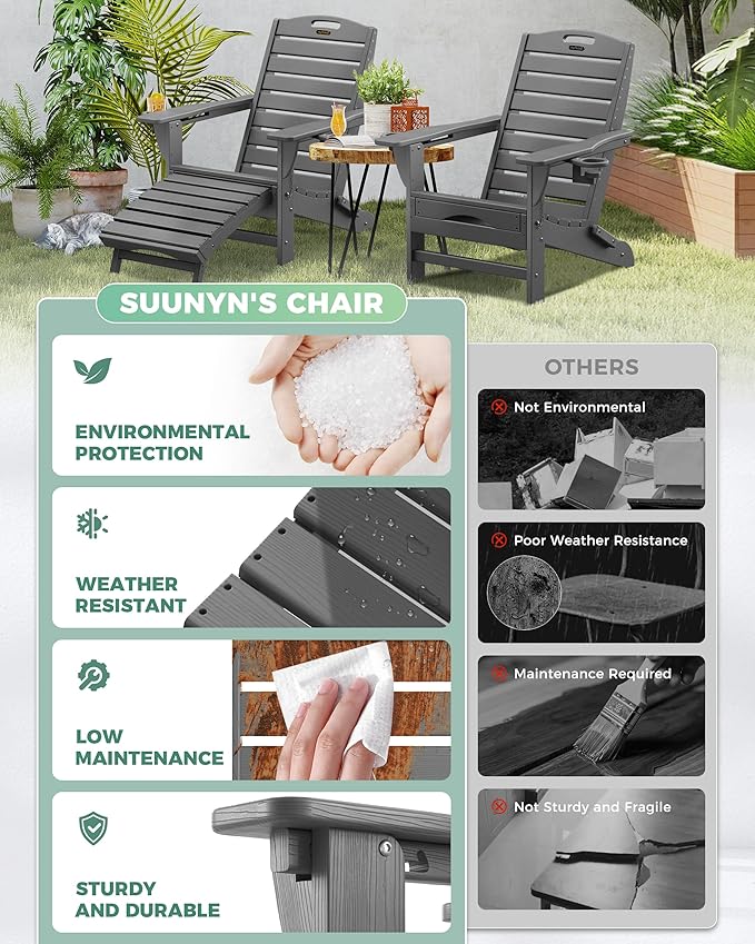 Folding Adirondack Chair with Retractable Ottoman, Weather Resistant Fire Pit Chair Patio Chair with 2 Cup Holder Lawn Outdoor Lounge Chair (Grey)