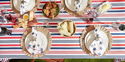 DII 100% Polyester, Spill proof and Waterproof, Machine Washable, Tablecloth for Outdoor Use, 60x120", 4th of July Patriotic Stripe, Seats 10 to 12 People