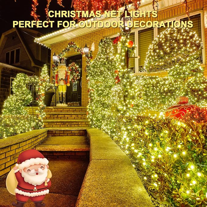 JMEXSUSS 360 LED Christmas Net Lights, Warm White, 12ft x 5ft | Outdoor Waterproof, Connectable, Plug in, Mesh Lights with Remote for Bushes Shrubs Christmas Decorations