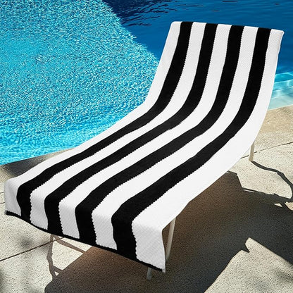 COTTON CRAFT Beach Lounge Chair Cover – 2 Pack Euro Spa Waffle Terry Towel Cabana Stripe Pool Chair Cover - 100% Cotton - 450 GSM Absorbent Quick Dry - Oversized 32 W x 82 L x 7 inch Pocket - Black