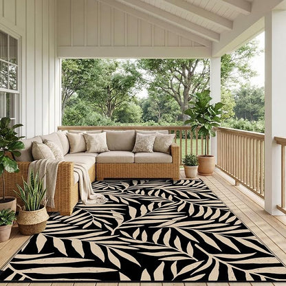 Smiry Outdoor Rug 9x12 ft Waterproof Reversible Leaf Mat, Black & Beige | Polypropylene Plastic Straw, Quick Drying, Lightweight Foldable, for Patio, Deck, RV Camping, Backyard and Indoor Outdoor Use