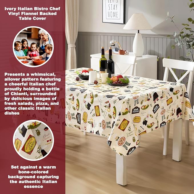 Newbridge 60 x 120 Inch Rectangle Vinyl Tablecloth with Flannel Backing, Italian Bistro Chef, Novelty Chef Indoor Outdoor Waterproof Table Cover for Picnic, Barbecue, Patio and Kitchen Dining, Ivory