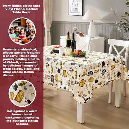 Newbridge 60 x 120 Inch Rectangle Vinyl Tablecloth with Flannel Backing, Italian Bistro Chef, Novelty Chef Indoor Outdoor Waterproof Table Cover for Picnic, Barbecue, Patio and Kitchen Dining, Ivory