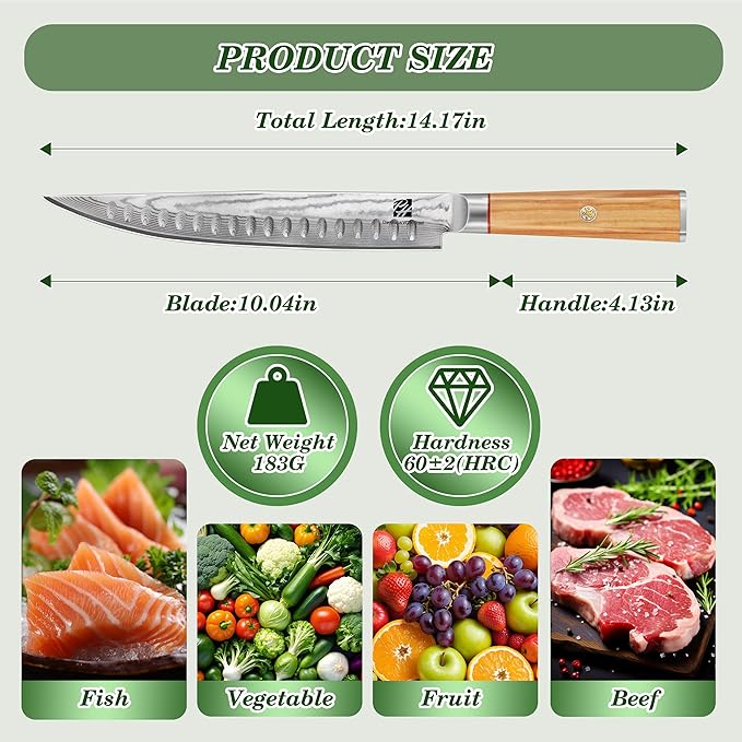 9 Inch Damascus Carving Knife - Brisket Knife 67 Layer VG-10 Steel Core with Olive Wood Handle, 62 HRC Precision Sharp Professional Kitchen Knife for Meat Slicing and BBQ, Gift Box Included