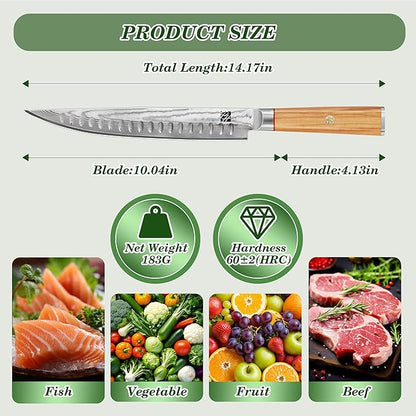 9 Inch Damascus Carving Knife - Brisket Knife 67 Layer VG-10 Steel Core with Olive Wood Handle, 62 HRC Precision Sharp Professional Kitchen Knife for Meat Slicing and BBQ, Gift Box Included