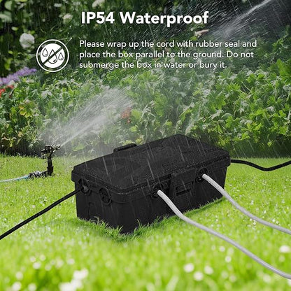 Medium Outdoor Electrical Box(10.4x6x4.2inch), IP54 Waterproof, Weatherproof Connection Box w/6 Cable Entry Ports, Extension Cord Cover Protect Power Strip, String Lights, Timer, Plug, Black