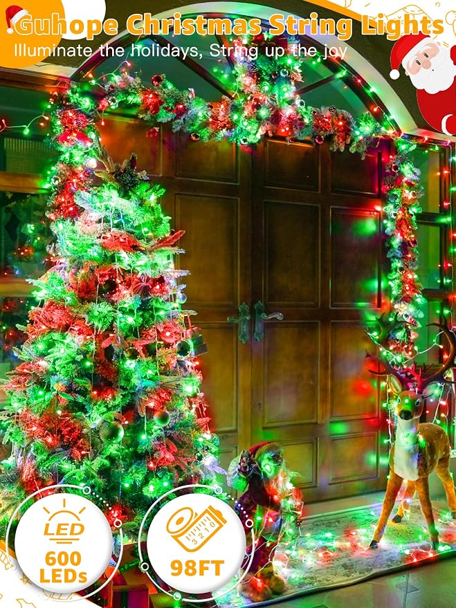 Guhope Christmas Lights 600 LED 98FT, Waterproof Outdoor String Lights with Remote and Timer, 8 Modes Dimmable Fairy Lights for Indoor Outdoor Wedding Party Holiday Decorations (Red and Green)