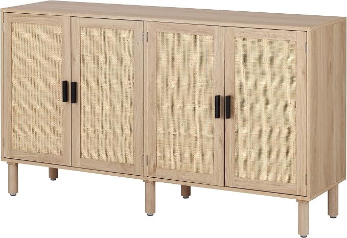 Finnhomy 4 Door Sideboard Buffet Cabinet, Kitchen Storage Cabinet with Rattan Decorated Doors, Cupboard Console Table, Boho Accent Liquor Cabinet for Home Bar, 62.3X 15.7X 34.6 Inches, Natural