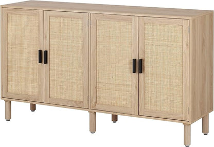 Finnhomy 4 Door Sideboard Buffet Cabinet, Kitchen Storage Cabinet with Rattan Decorated Doors, Cupboard Console Table, Boho Accent Liquor Cabinet for Home Bar, 62.3X 15.7X 34.6 Inches, Natural