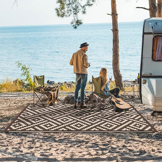 GENIMO Outdoor Rug, Waterproof Plastic Rugs 9'x12' for Camping Coffee Beige | Outside Larger Modern Carpet Mat for Porch Decor, Deck, Balcony, Camping, RV, Backyard, Picnic, Beach, Reversible, Foldable