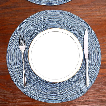 SHACOS Round Braided Placemats Set of 4 Dining Table Placemats 15 inch Circle Place Mats Easy to Clean Table Mats Indoor Outdoor, Blue Gray
