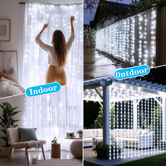 Solar Curtain Lights Outdoor Waterproof, 300LED 9.8x9.8FT Fairy String Lights with USB-C & Solar Charging, Remote Timer Twinkle Waterfall Lights for Patio Garden Wedding Decor (Cool White)