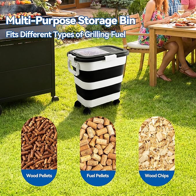 Wood Pellet Storage Container 30-40lbs, Airtight Bin with Locking Lid & Clear Window, Collapsible Pellet Bucket with Wheels, Scoop & Labels, Black & White
