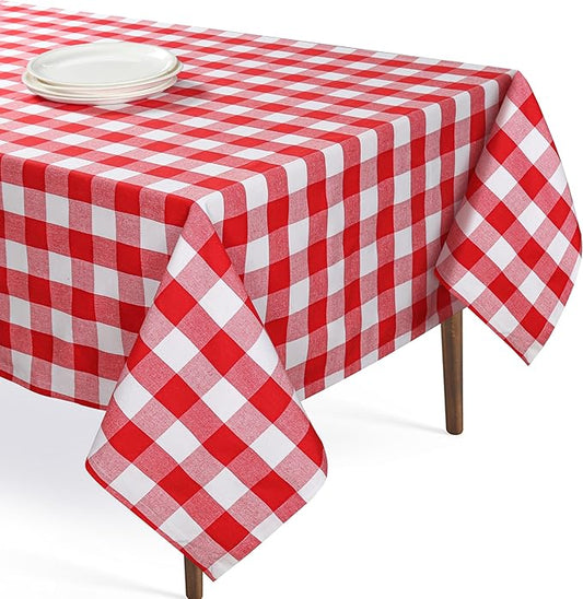 Red and White Buffalo Check Tablecloth, 60x102 Inches, Plaid Table Cover, 100% Cotton, Washable, Reusable Farmhouse Table Linen for BBQs, Buffet Parties, Camping, Everyday Dining