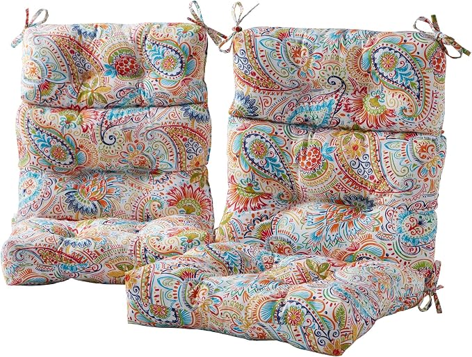 Outdoor Tufted High-Back Chair Cushions, One-Piece Hinged Seat and Back Design, Reversible with 4 Ties, Durable Polyester Fabric, Recycled Fiber Fill - Set of 2, Jamboree Paisley