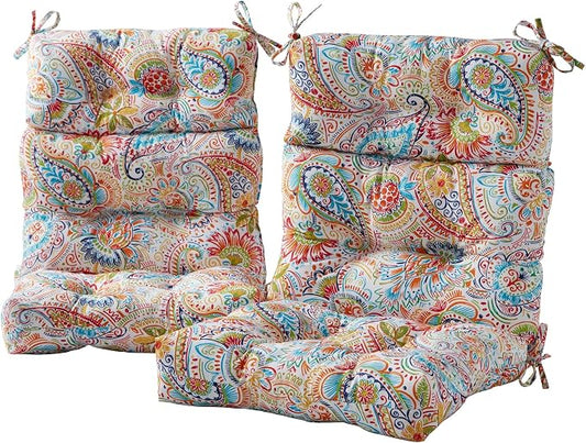 Outdoor Tufted High-Back Chair Cushions, One-Piece Hinged Seat and Back Design, Reversible with 4 Ties, Durable Polyester Fabric, Recycled Fiber Fill - Set of 2, Jamboree Paisley