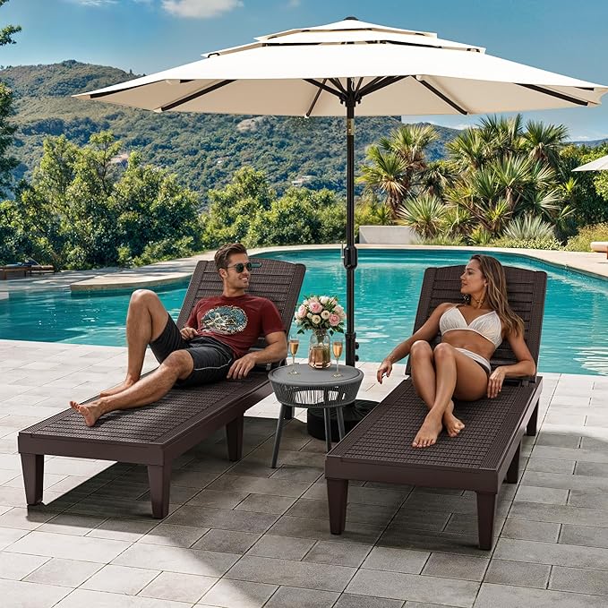 YITAHOME Outdoor Chaise Lounge Chair, Plastic Pool Chaise Lounge with 5-Position Backrest, Easy Assembly & Waterproof for Patio & Poolside, Set of 2, Brown