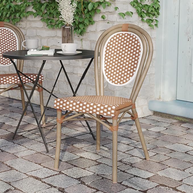 Flash Furniture Lourdes Indoor/Outdoor Commercial Thonet Bistro Stack Chair - Natural/White PE Rattan Back and Seat - Light Natural Bamboo Print Metal Frame