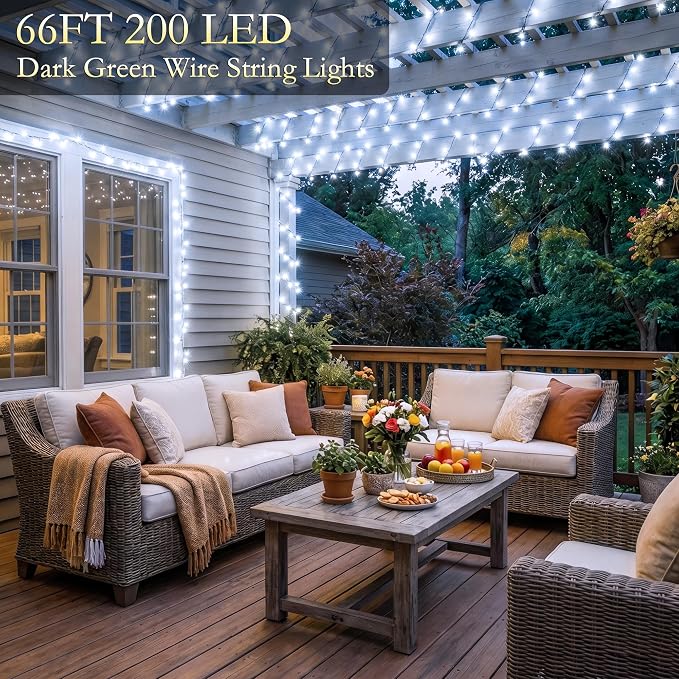 66FT 200 LED White Fairy Lights, Dark Green Wire 8 Modes Timer, IP44 Waterproof Outdoor Indoor String Lights for Patio Garden Backyard Bedroom Classroom Weeding Christmas Decor