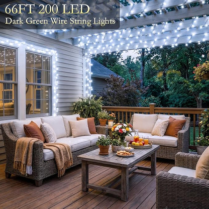 66FT 200 LED White Fairy Lights, Dark Green Wire 8 Modes Timer, IP44 Waterproof Outdoor Indoor String Lights for Patio Garden Backyard Bedroom Classroom Weeding Christmas Decor