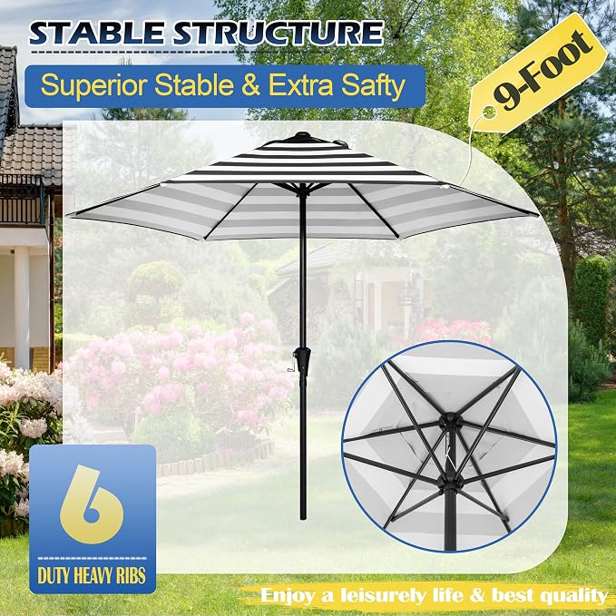 Sunnyglade 9FT Outdoor Patio Umbrella, Market & Table Umbrella with 6 Sturdy Ribs and Crank System, Fade-resistant & Waterproof for Garden Backyard Poolside Deck