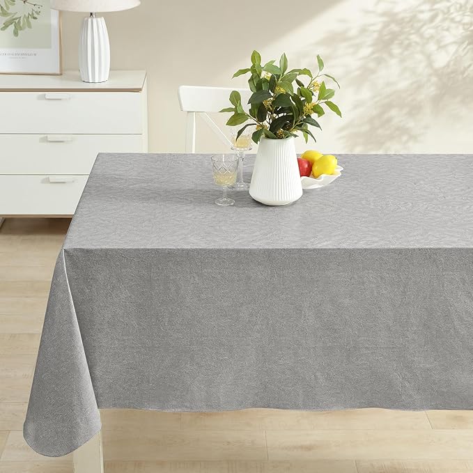 Newbridge Napa Leaf Grey Vinyl Flannel Backed Tablecloth, 52 x 52 Inch Square, Hotel Quality Waterproof Indoor Outdoor Table Cover for Kitchen, Patio, Dining, BBQ