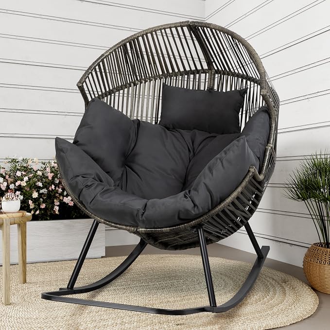 Shintenchi Wicker Egg Chair,Oversized Outdoor Indoor Rocking Chair, Large PE Rattan Rocking Chair with Cushion for Patio, Balcony, Backyard, Garden, Deep Grey