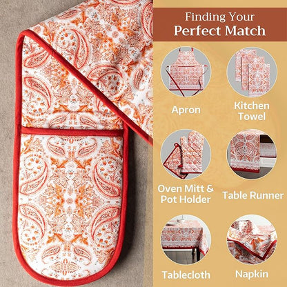 Maison d' Hermine Double Oven Mitt (7" x 35") 100% Cotton Heat Resistant BBQ Cooking Gloves with Loop for Thanksgiving Christmas Decorations Baking Cooking Barbeque Handling Hot Pan (Orient)