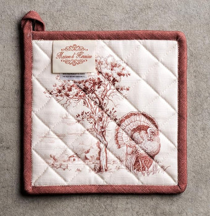Maison d' Hermine Pot Holders Set 100% Cotton Heat Resistant Potholders 8" x 8" Hot Pads with Loop for Thanksgiving Christmas Decorations BBQ Baking Handling Hot Pans (Pack of 2, Holy Jouy - Brown)