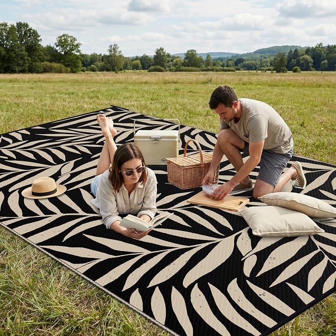 Smiry Outdoor Rug 9x12 ft Waterproof Reversible Leaf Mat, Black & Beige | Polypropylene Plastic Straw, Quick Drying, Lightweight Foldable, for Patio, Deck, RV Camping, Backyard and Indoor Outdoor Use