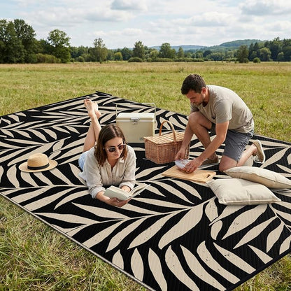 Smiry Outdoor Rug 9x12 ft Waterproof Reversible Leaf Mat, Black & Beige | Polypropylene Plastic Straw, Quick Drying, Lightweight Foldable, for Patio, Deck, RV Camping, Backyard and Indoor Outdoor Use