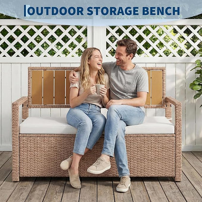 Outdoor Storage Bench with Cushion, Hand-Woven Yellow Wicker Deck Box with Backrest, Large Capacity Patio Storage Seat, Waterproof All-Weather Rattan Bench for Garden, Porch, Poolside