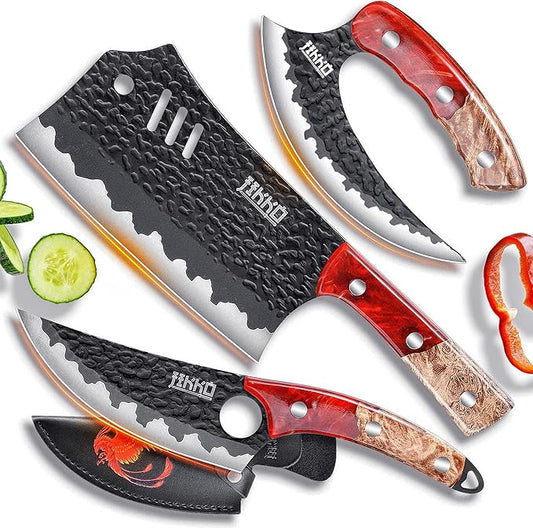 Jikko Phoenix Edition Japanese Knife Set - 3-Piece Chef Knife Set | Butcher Knives, Meat Cleaver, Butcher Knife Set | BBQ Set | Chef Knives with Hammered Blades & Maple Burl