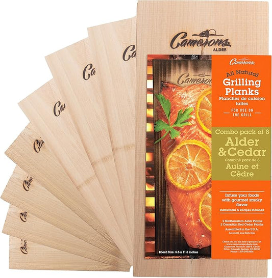 Camerons Cedar & Alder Grilling Planks - 8 Pack (5.5x11.5") - Premium Natural Wood - Easily Infuse Smoky Flavor into BBQ Salmon, Fish, Pork, Veggies, and More - Sourced in the USA - Grilling Gift Idea