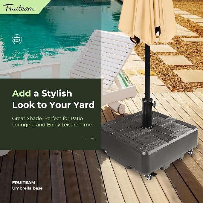 FRUITEAM 120 LBS Fillable Mobile Umbrella Base with Wheels | Heavy Duty Patio Umbrella Stand, Fillable Weighted Umbrella Base for Patio, Deck, Poolside, Windproof Design
