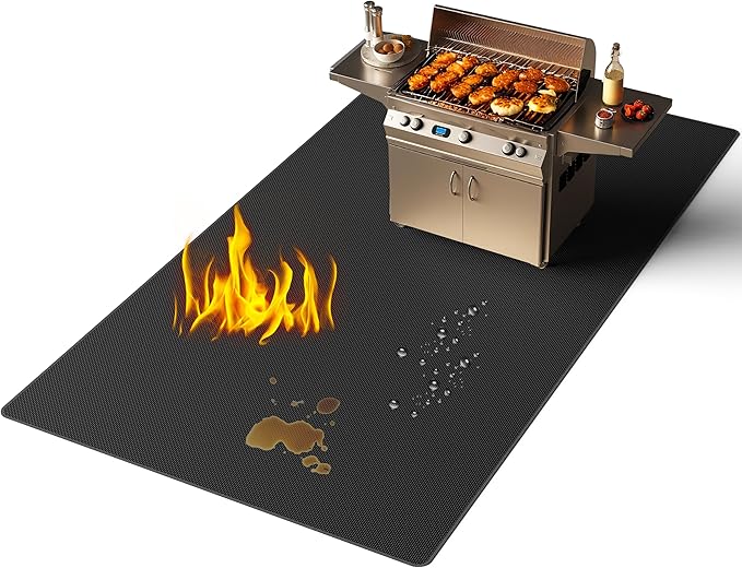 Thickened 48 x 65 inch Under Grill Mat for Outdoor and Indoor, Lancryen Double-Sided Fireproof Grill Pad, Indoor Fireplace/Fire Pit Mat, Oil-Proof Waterproof BBQ Protector for Decks and Patios