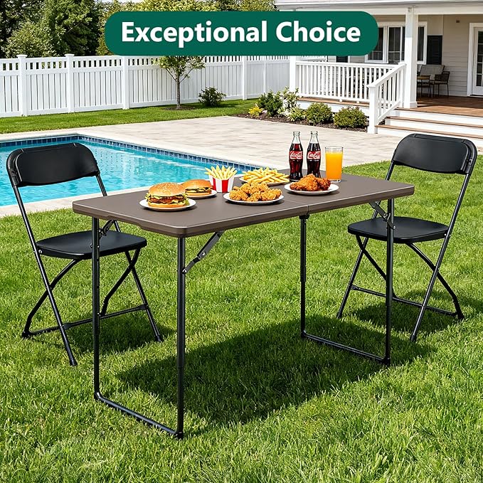 Folding Table, 4FT Foldable Picnic Table with Carrying Handle, Heavy Duty Fold-in-Half Portable Table for Weddings, Camping, RV Travel, Parties, BBQs, and Indoor Use, Easy to Fold and Store, Khaki