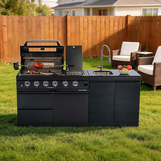 79-Inch 4-Burner 72000 BTU Propane Outdoor Kitchen Island Grill with Round Side Burner, Rotisserie Kit, Granite Countertops & Sink, for Patio, Lawn, Backyard, Black