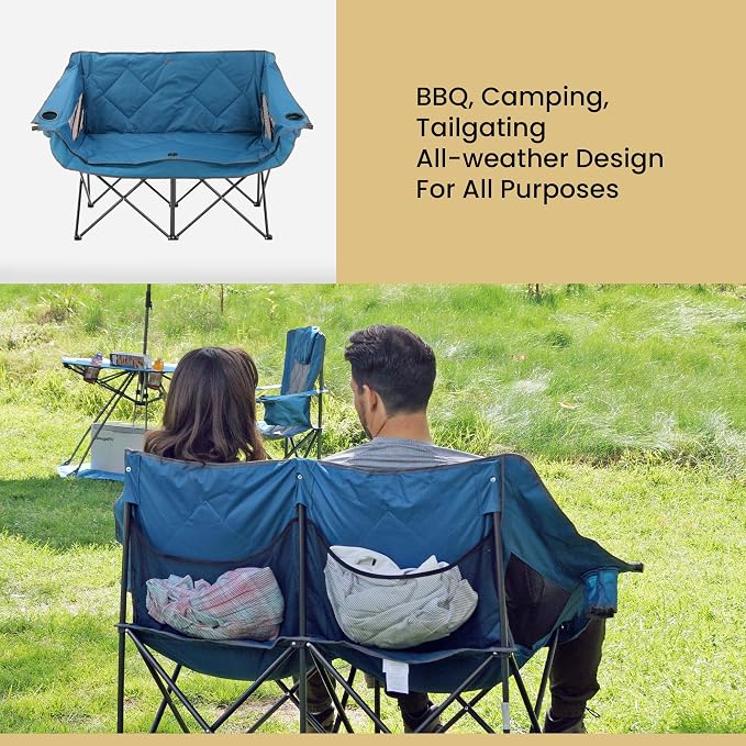 ARROWHEAD OUTDOOR Portable Folding Double Duo Camping Chair Loveseat | 2 Cup and Wine Glass Holder, Heavy-Duty Carrying Bag, Padded Seats and Armrests, Supports up to 650lbs, Beach, Tailgating