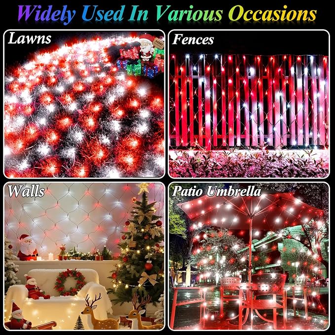 Lovelite Christmas Net Lights Red & White, 14.8ft x 5ft 300LED Mesh Lights Outdoor Green Wire 8 Modes Timer, Waterproof Connectable String Lights for Bushes Xmas Tree Garden Holiday Party Decor
