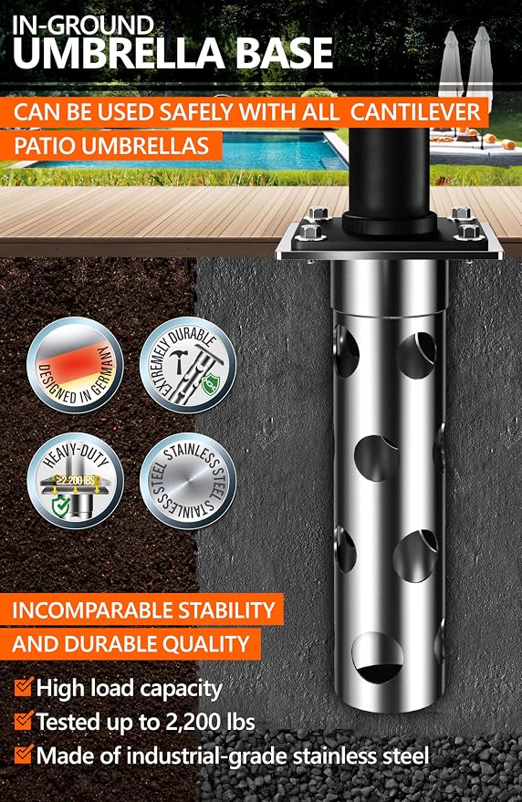 4smile In-ground umbrella base - In Ground umbrella holder, stainless steel - Parasol stand outdoor base, high load capacity and durable quality